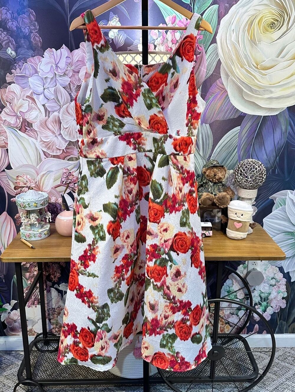 Maison Tara 14 Midi Dress Rose Floral Fit & Flare High-Low Cottagecore White